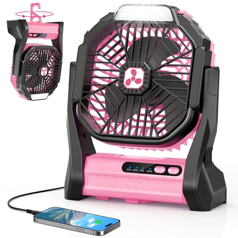 Peouix Portable Rechargeable Fan, 20000mAh Cordless Battery Powered Camping Tent Fans with LED Lantern, Operated Outdoor Ventiladores for Travel Camp Fishing Office Home Essentials | Pink