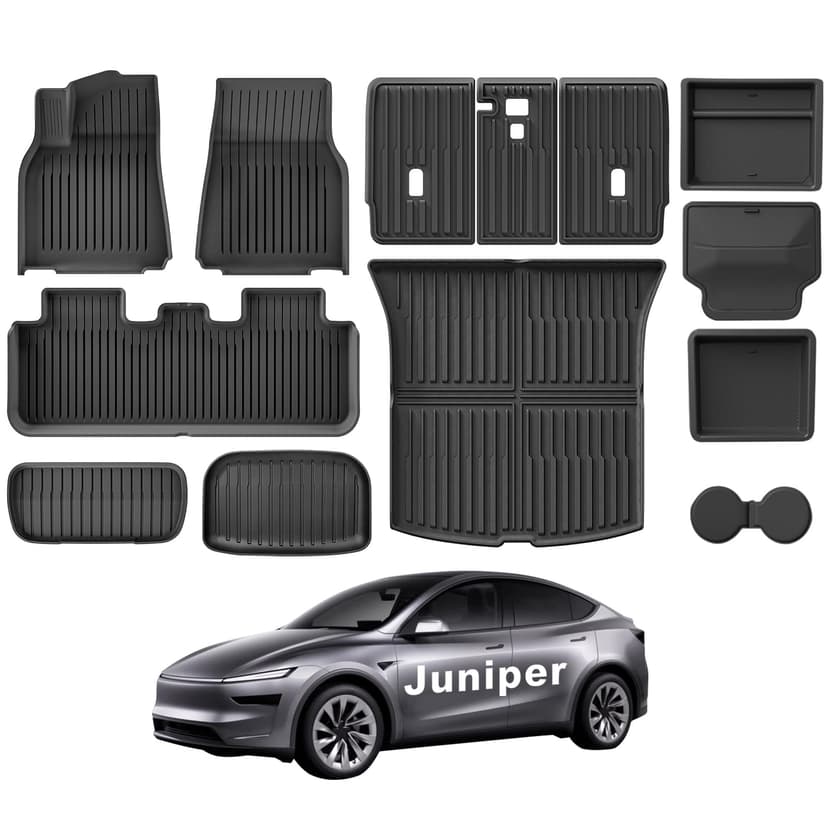 Weize 2025 2026 Tesla Model Y Juniper All Weather Cargo Liner Floor Mats 9 PCS & Double Layer Center Console Organizer 4 PCS, Full Coverage Tesla Interior Accessories Kit(Not for Standard)