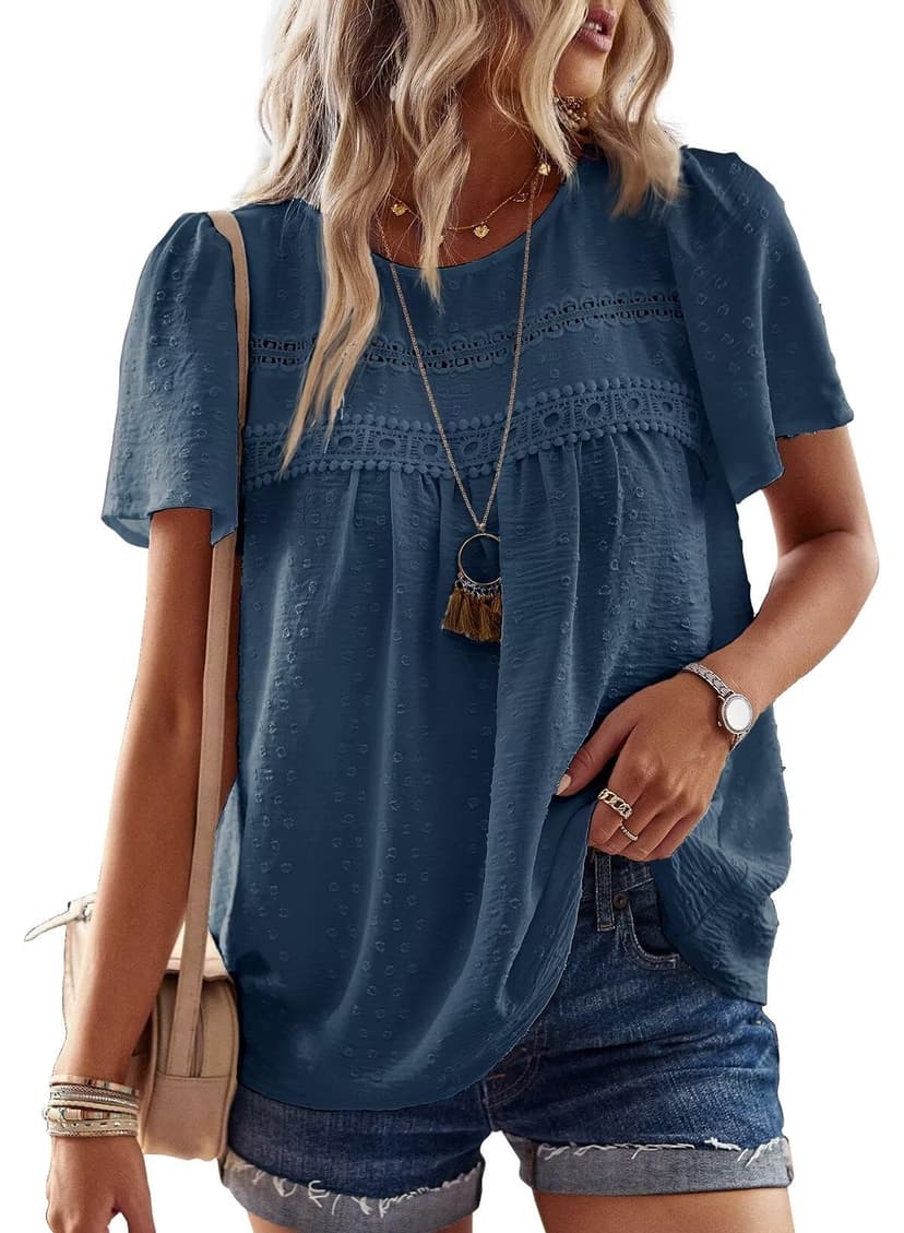 Falechay Womens Summer Tops Flowy Boho Shirts Dressy Casual Short Sleeve | Crewneck Loose Fit Blouses, Hide Belly Fat, Lace Hem Ladies Tunic, Babydoll Crochet Clothes, Swiss Dot, Work, Vintage, XS-6XL