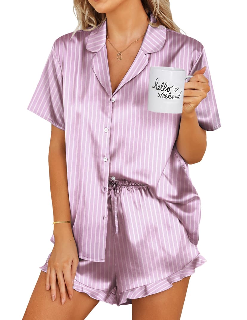 Ekouaer Womens Satin Pajamas Set Button Down 2 Piece Silk Pjs Shorts Set Ruffle Lingerie Notch Collar Sleepwear | 2 Piece Satin Pjs Shorts Set, Ruffle, Notch Collar, for Sleep,Lounge,Wedding,Bridal Pa