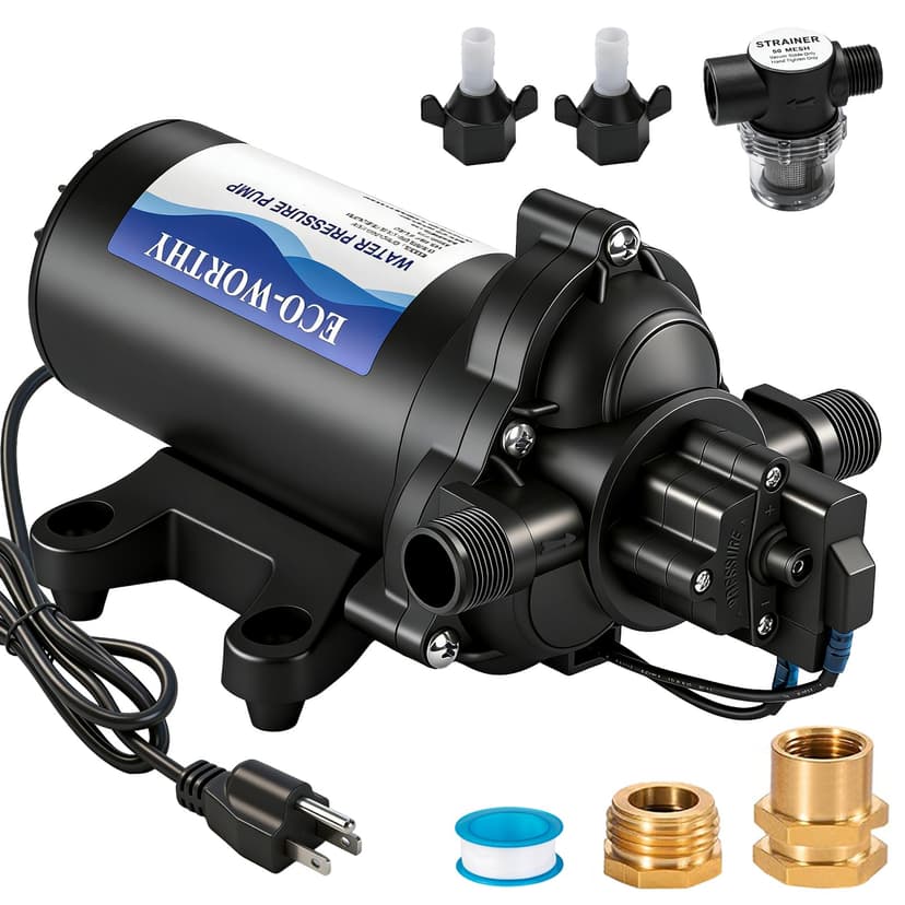 ECO-WORTHY 33-Series Industrial Water Pressure Pump 110V AC 4.0GPM 50PSI RV Fresh Water Diaphragm Pump include Garden Hose Adapters for Irrigation Marine Boat Sprinkler Faucet