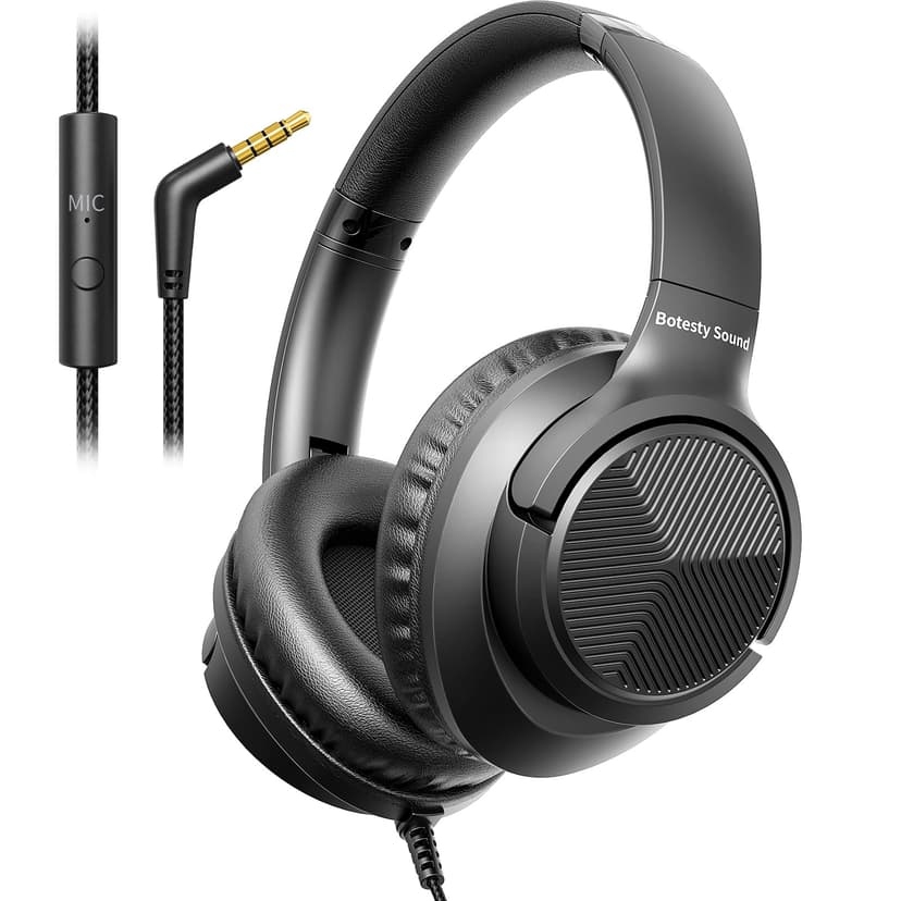 Headphones Wired with Microphone for School, 3.5mm Corded Headphones, Black | Wired Over Ear Foldable Plug in Headphones, 4.9ft Tangle-Free Nylon Cord for School, Tablet, Laptop, MP3/4, Airplane Trave