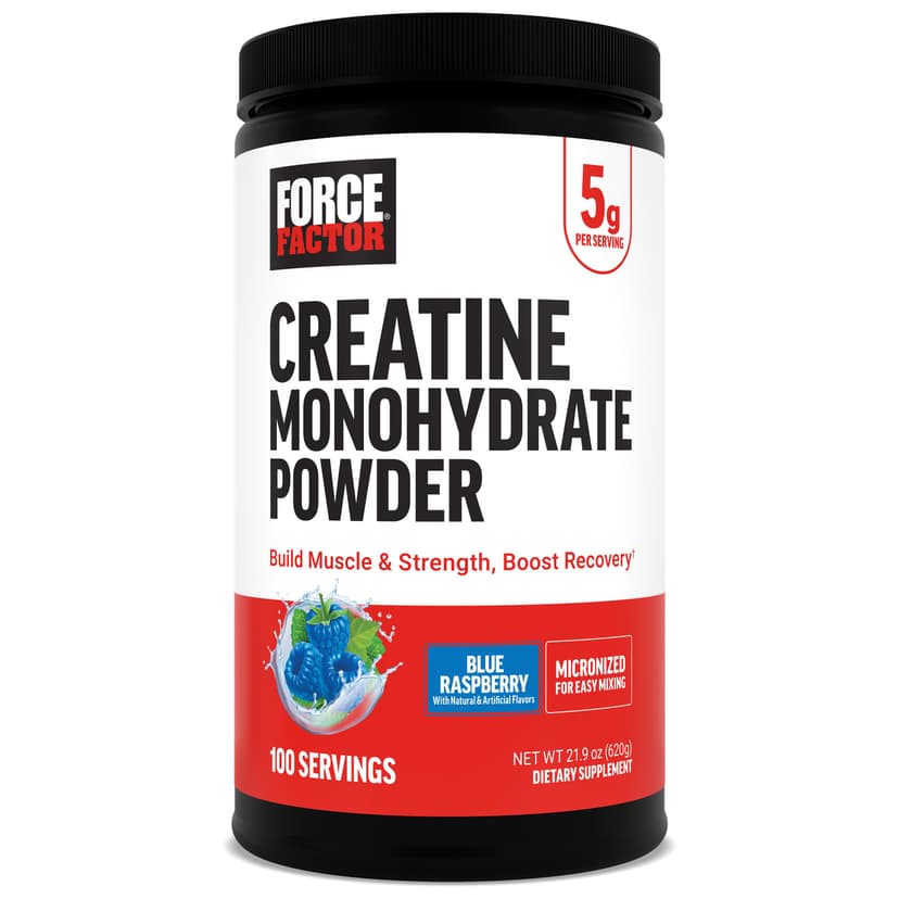 Force Factor Creatine Monohydrate Powder, 5g Dose, Micronized | Support Muscle Growth, Strength, Recovery, Cognitive Health & Working Memory, Blue-Raspberry, 500g, 100 Servings