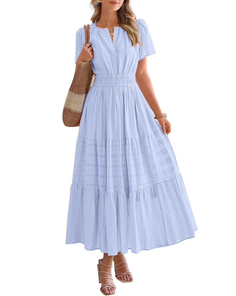 BTFBM Womens Summer 2026 Casual Maxi Dresses | Lightweight Short Sleeve V Neck,Elastic Waist A Line Long Dress,Boho Beach Dress Pockets,Vacation Outfits,Fashion Clothing