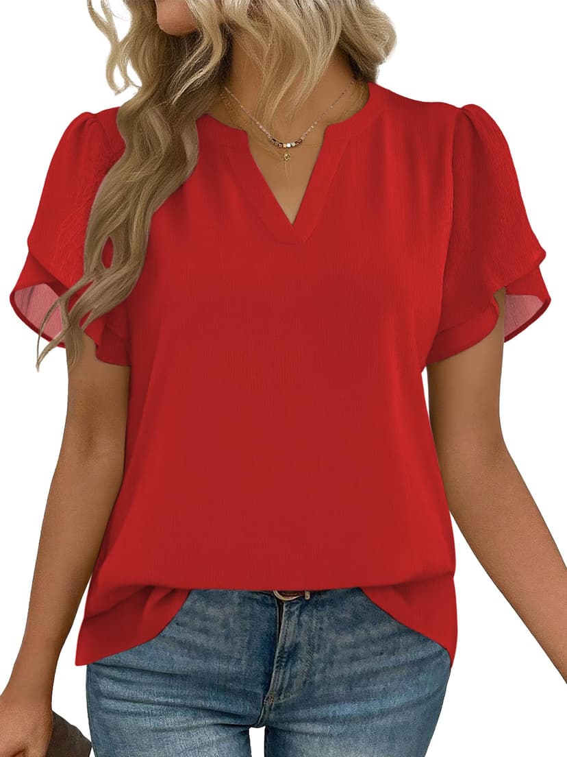 Zeagoo Womens Dressy Casual Chffon Shirts Short Sleeve V Neck Work Blouse | Flowy Business Casual Tops, Petal Sleeves, Double Layer, Office, Teacher, Interview Outfits for Spring, Summer