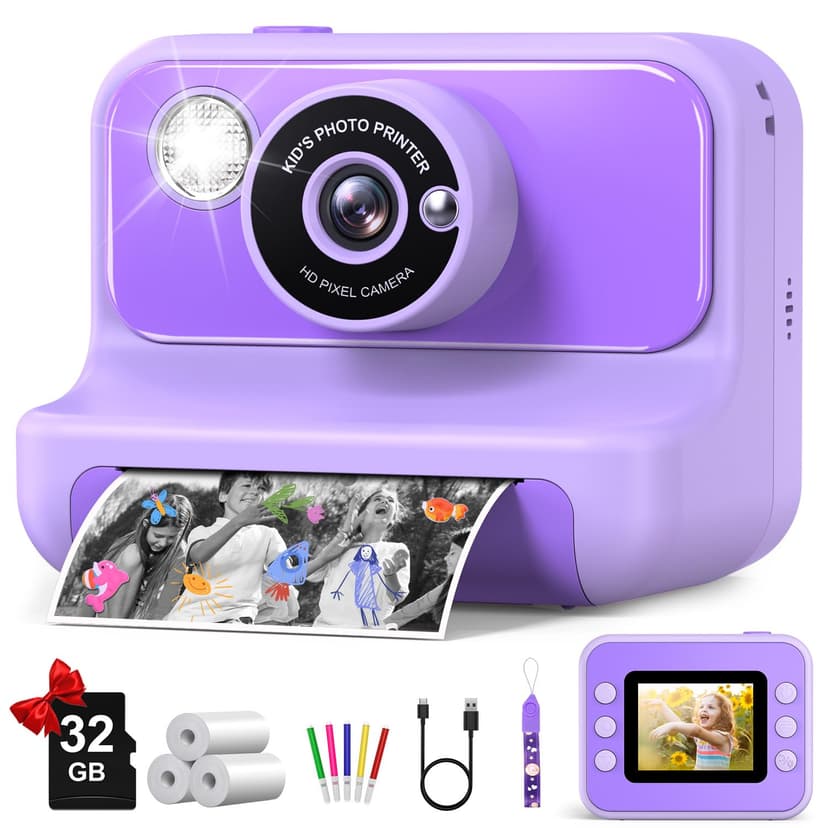 Kids Camera Instant Print, Christmas Birthday Gifts for Girls and Boys | 1080P HD Video Digital Kids Camera with 32G Card, Toddler Camera for 3-12 Years Old, Purple