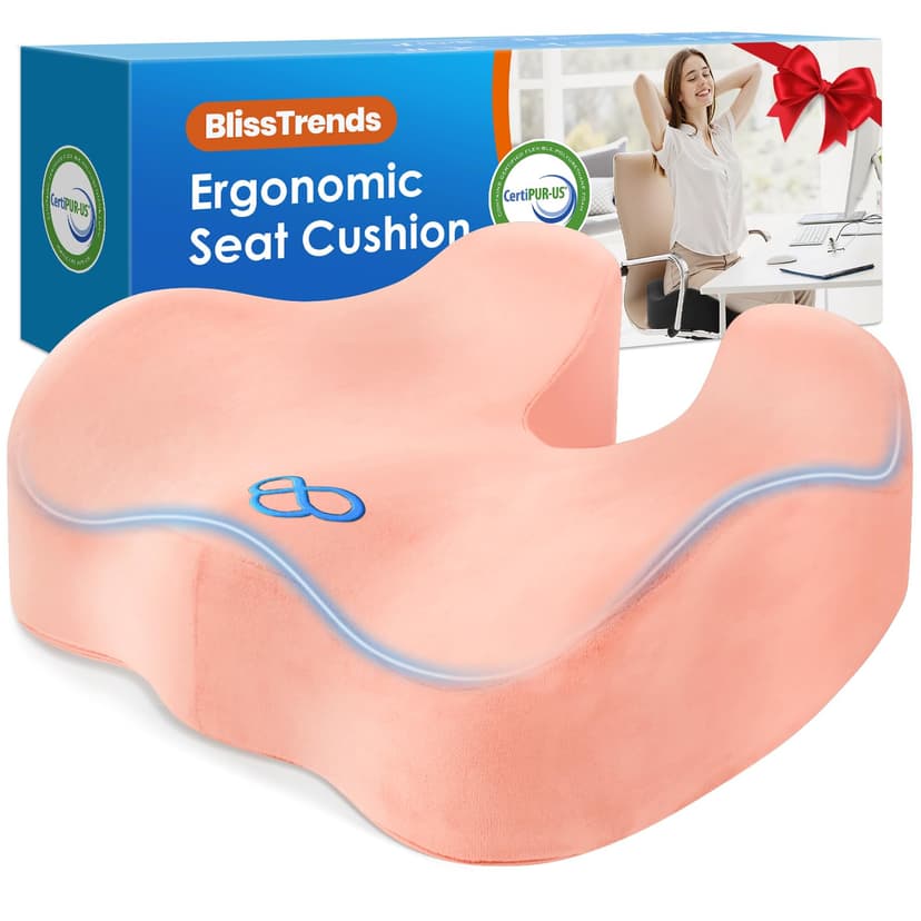 BlissTrends Memory Foam Seat Cushion for Office Chair & Car Seat, Pink | Ergonomic Tailbone & Sciatica Support with Removable Velvet Cover for Pressure Relief and Long Sitting Comfort, 3.3" Thick