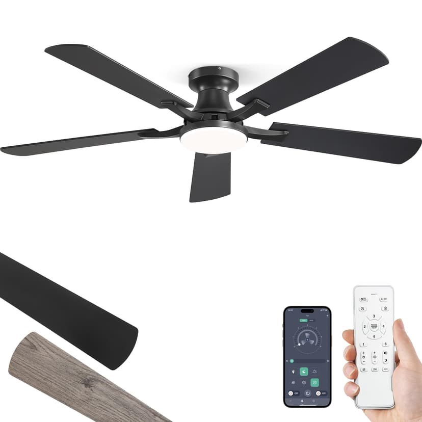 ZMISHIBO 52 Inch Ceiling Fans with Lights, Remote&App Control, Flush Mount | Low Profile, Dimmable 20W LED Light, Quiet Reversible Motor, Strong Airflow, Easy Install for Bedroom/Living Room/Apt, Blac