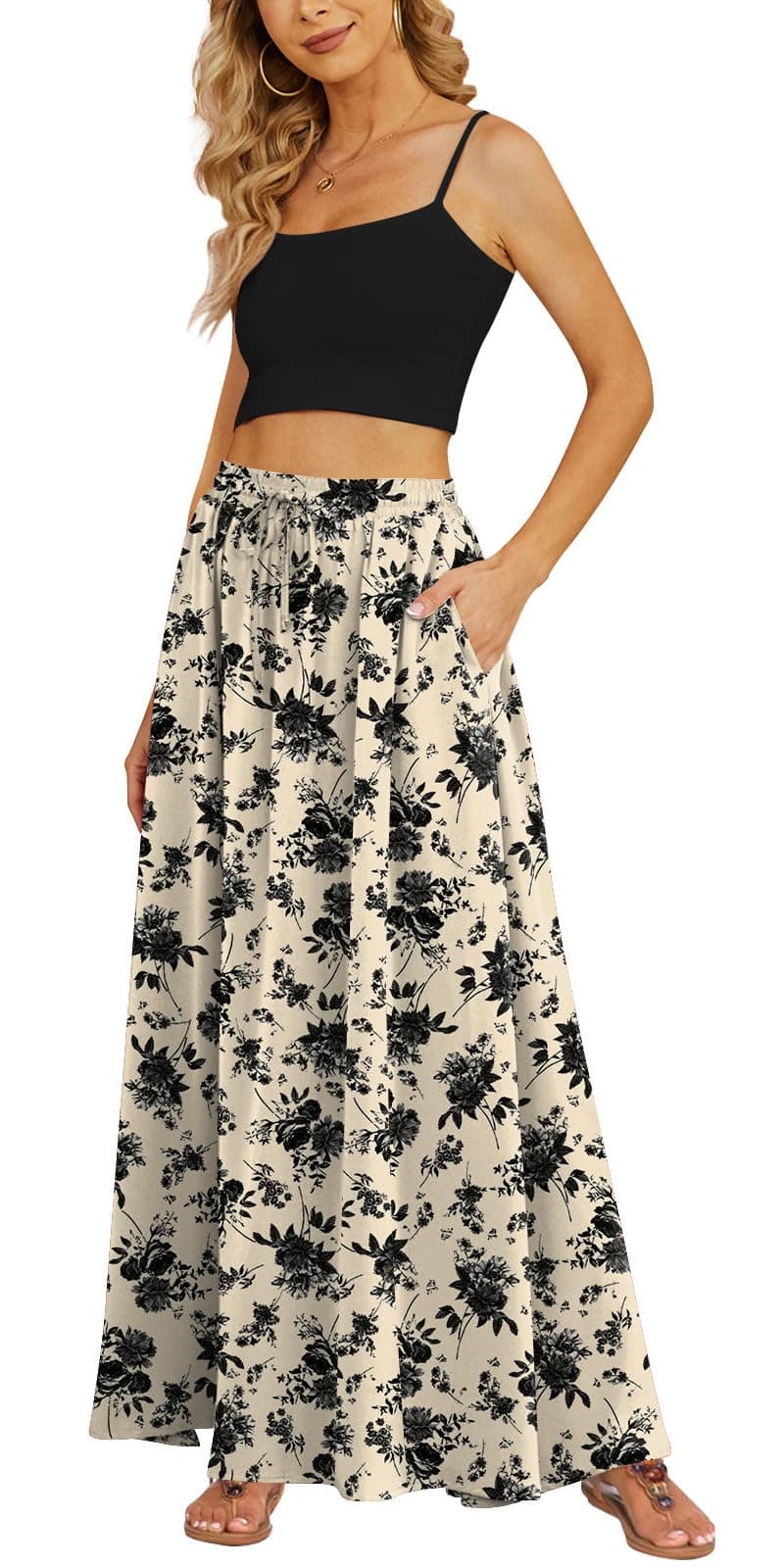 Yincro Women's Flowy Maxi Skirt Summer Pleated High Waisted Casual Long Skirts with Pockets