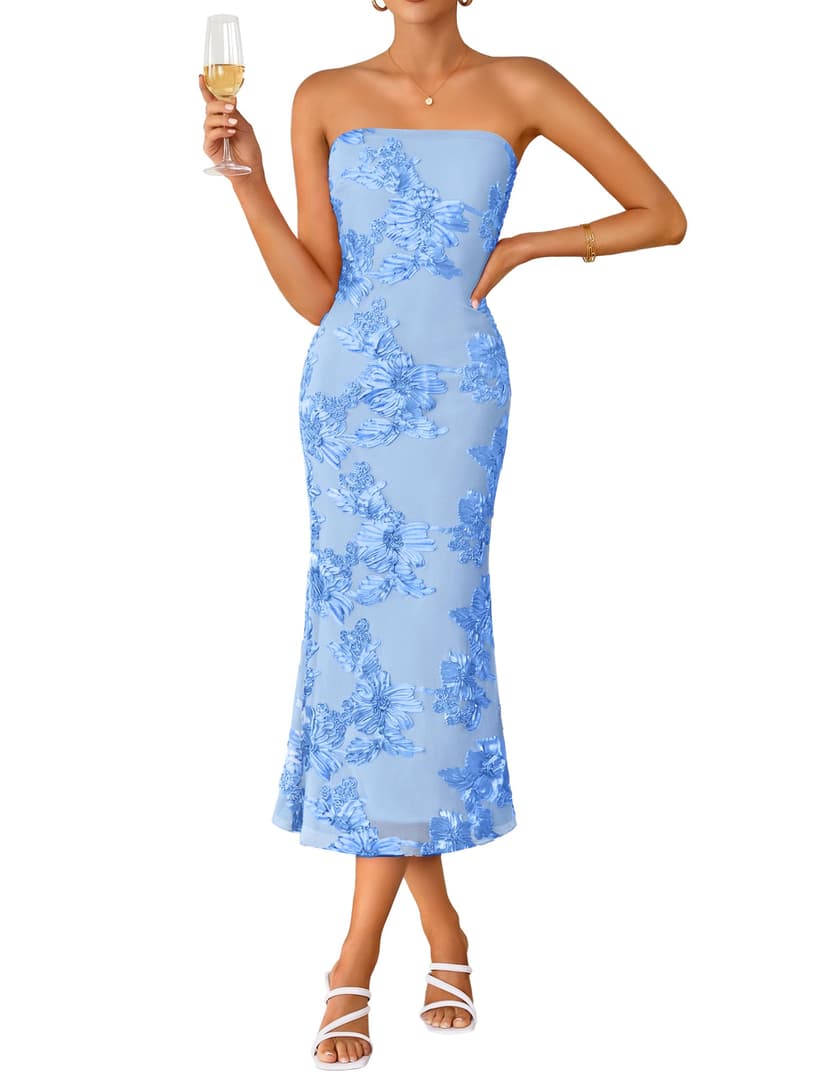 ZESICA 2026 Summer Strapless Floral Cocktail Wedding Guest Dress for Women | Formal Bodycon Mesh Tube Midi Dresses, Elegant Bridal Shower Bridesmaid Birthday Holiday Dinner Party, Fashion Evening Gown