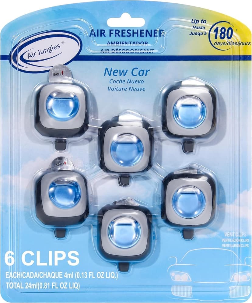 Air Jungles New Car Scent Car Air Freshener Vent Clip 6 Ct, Long Lasting | Up to 180 Days, Natural Essential Oil, Car Fragrance Accessories for Women and Men, Odor Eliminator, 4 mL Each