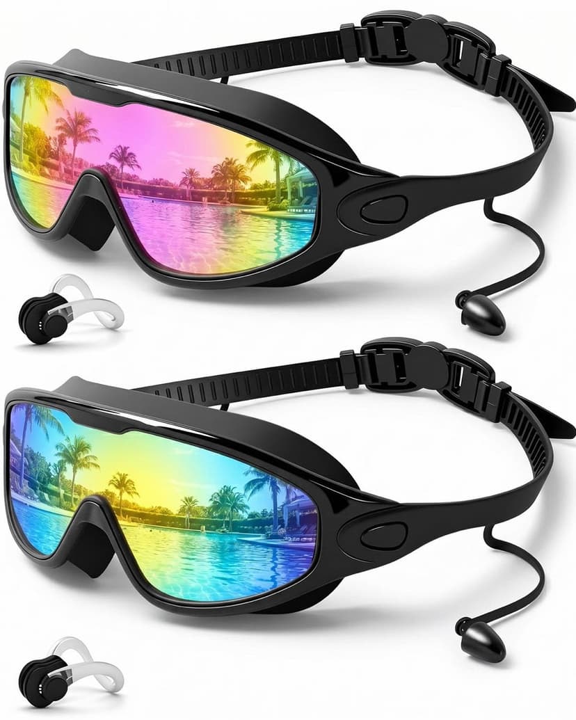 Rantizon Swim Goggles 2 Pack, Wide View Anti Fog&UV Swimming Goggles for Audlt, No Leak Pool Beach Essentials for Men Women