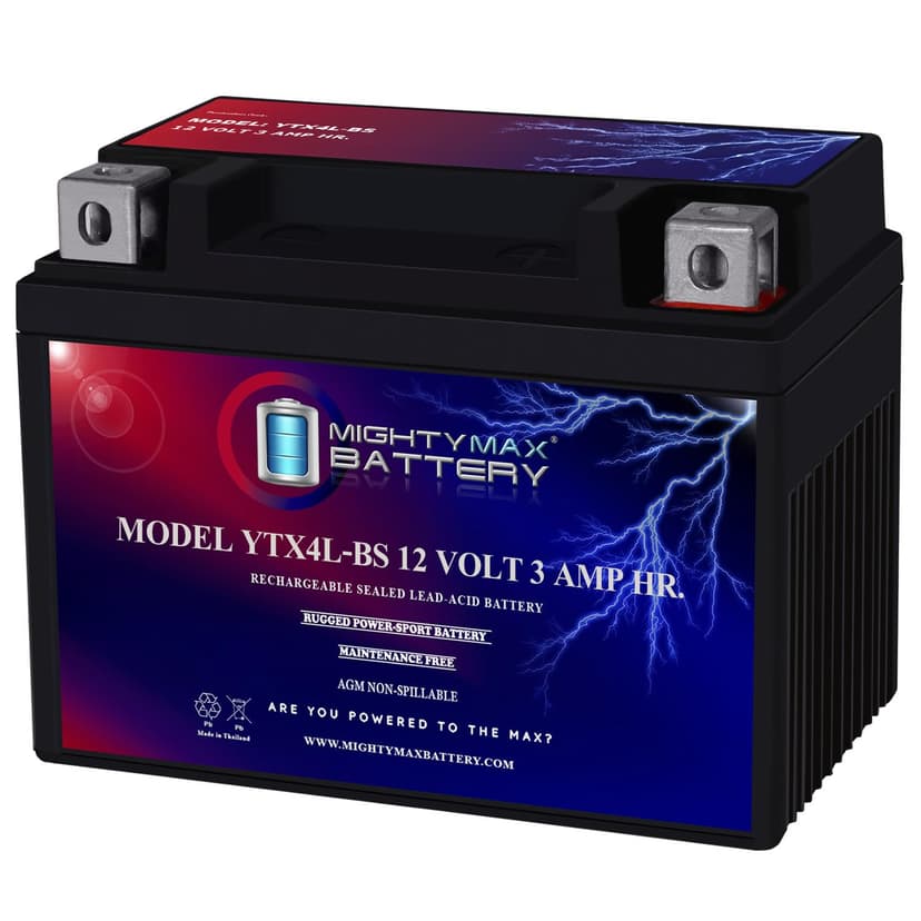 Mighty Max Battery YTX4L-BS - 12 Volt 3 AH, 50 CCA, Rechargeable Maintenance Free SLA AGM Motorcycle Battery