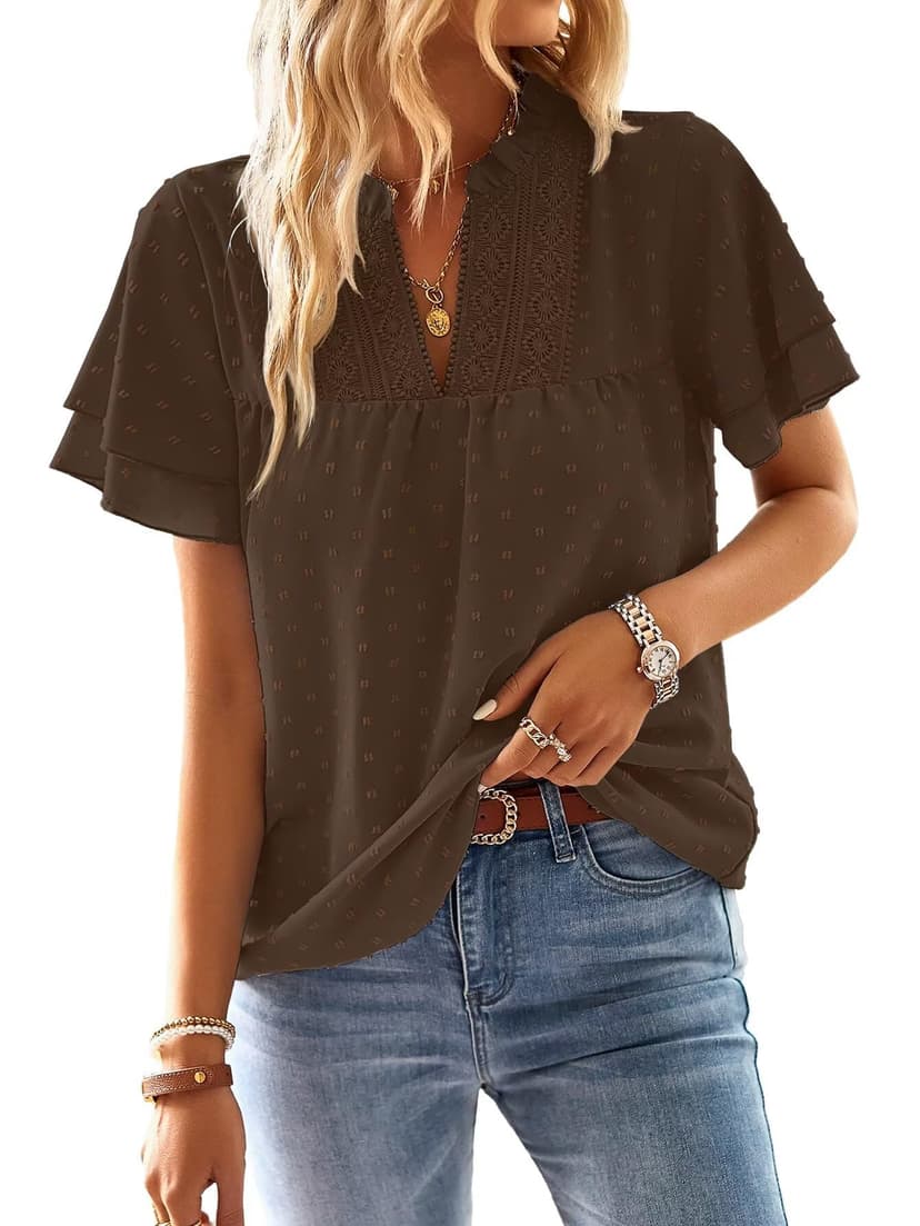 Falechay Womens Tops Boho Flowy Shirts Dressy Casual Short Sleeve Blouses | V Neck Loose Fit Blouses, Business Work, Hide Tummy, Lace Ladies Summer Outfits, Swiss Dot, Babydoll Crochet Clothes XS-6XL