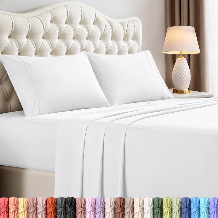 Queen Sheets Set, 4 Pieces 16" Deep Pocket Hotel Luxury Bed Sheets, White | Extra Soft Bedsheet Set, Comfy & Breathable Cooling Sheets, Wrinkle & Fade Resistant, Fitted Sheet, Flat Sheet, 2 Pillowcase