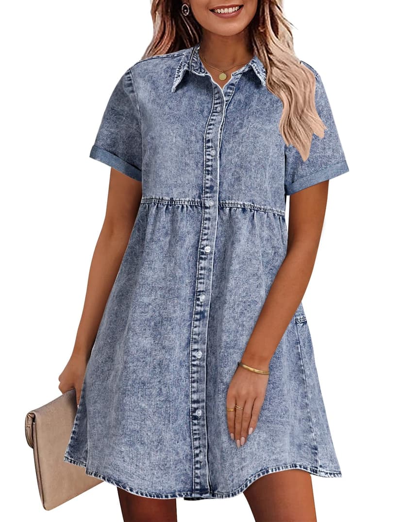 GRAPENT Denim Dress for Women Babydoll Tiered Short Sleeve Button Down Jean Shirt Dresses