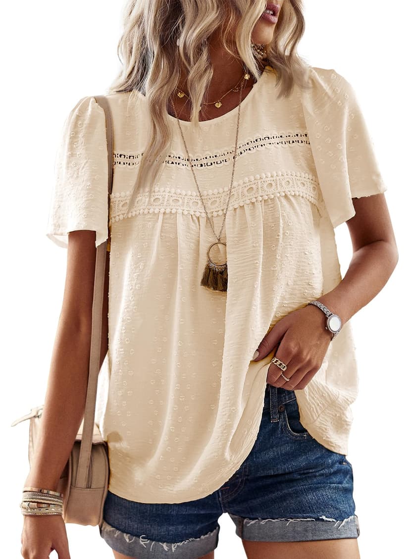 Falechay Womens Summer Tops Flowy Boho Shirts Dressy Casual Short Sleeve | Crewneck Loose Fit Blouses, Hide Belly Fat, Lace Hem Ladies Tunic, Babydoll Crochet Clothes, Swiss Dot, Work, Vintage, XS-6XL