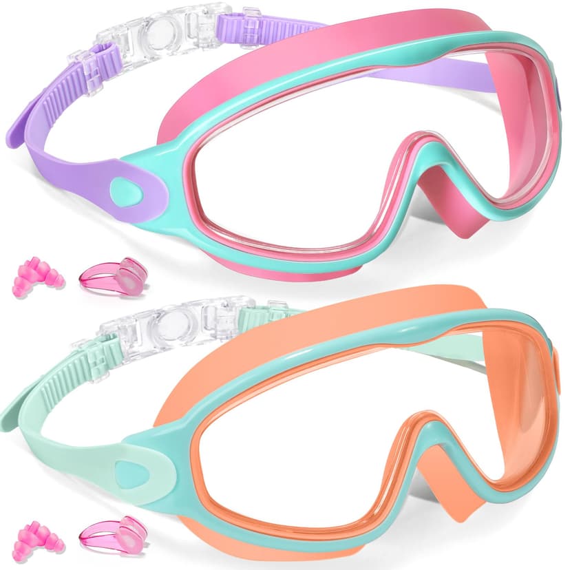 Keary 2 Pack Kids Swim Goggles Wide View Anti-Fog & UV Girls Boys 3-15 | Swimming Goggles Kids Toddler Children Youth 180° Panoramic Clear View Silicone Clip Suction Seal Leak proof Pool Water Beach