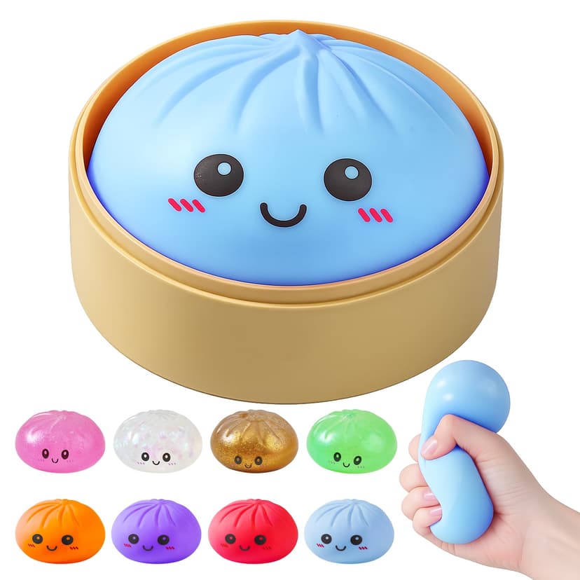 Dumpling Squishies, Dumpling Mystery Box, Colorful Dumplings Stress Balls Fidget Sensory Toy, Stocking Stuffers with Food Steamer Stretchy Desk Toys (Blue)