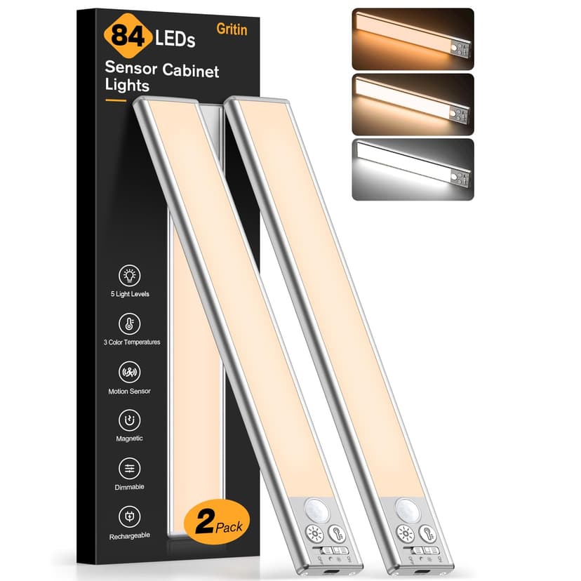 Gritin 10.2inch Under Cabinet Lighting Rechargeable 2 Pack | 3 Color Temps & 5 Brightness,Super Bright,4 Modes,Motion Sensor,Long Lasting - Easy Installation Magnetic Under Closet Lights