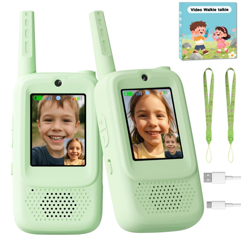 Video Walkie Talkies for Kids, 2 Pack Rechargeable Handheld Video Intercom Kids Walkies Talkies, Indoor Outdoor Toys for Family Games, Outside, Camping, Hiking for Boys Girls Ages 3-12 (Green)