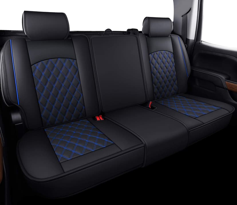 Back Seat Covers Chevy Silverado GMC Sierra 2007-2026 1500 2500HD 3500HD | Aierxuan Custom Fit Truck Pickup Crew Double Extended Cab Waterproof Leather Split Bench Rear Cushion Black-Blue