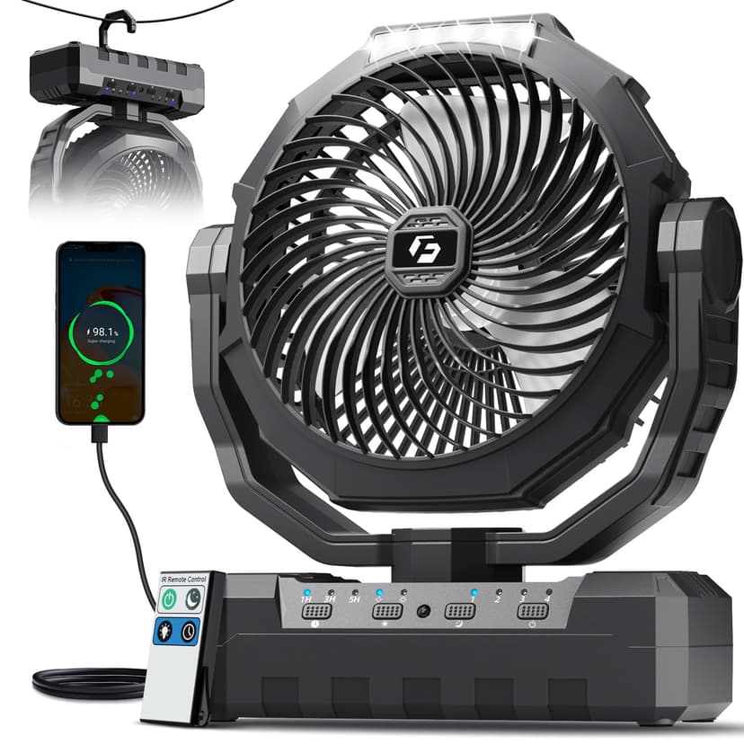 FRIZCOL 3-in-1 Camping Fan - Portable Fans Rechargeable - 24000mAh Battery Powered Fan with Light & Remote for Indoor, Outdoor, Tent, Travel, Fishing, Jobsite, Gifts for Men Dad Him - Black