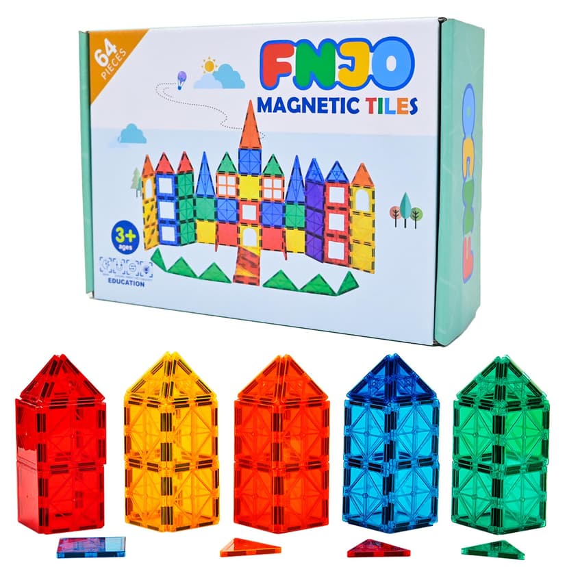 FNJO Magnetic Tiles, 64 PCS Magnetic Building Blocks, Magnets Building Set, STEM Toys for Kids Boys and Girls Creative and Inspirational