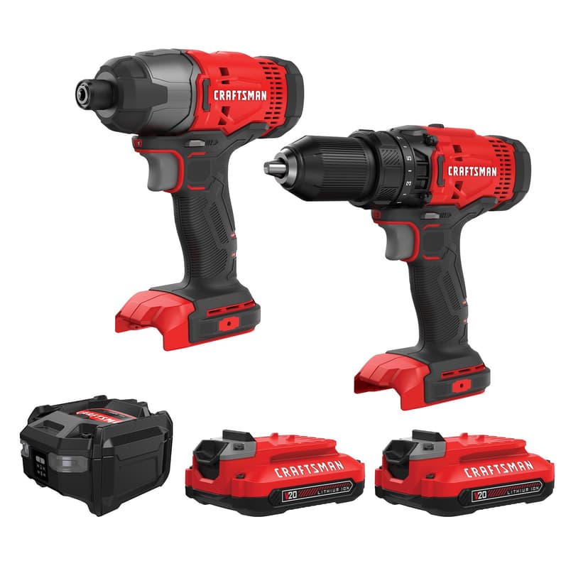 CRAFTSMAN V20 MAX Cordless Drill Driver and Impact Driver Set, Power Tool Set with 2 Batteries and Charger, LED Work Light, 2 Bits, Bag (CMCK200C2)