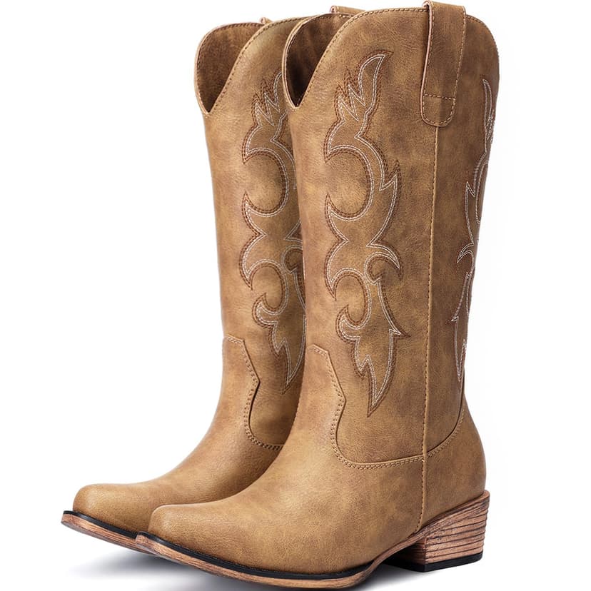 Choiran Cowboy Boots for Women - Mid Calf Cowgirl Boots Western Chunky Heel Pointed Toe Boot with Retro Embroidery, Country Concert Outfit Essentials for Rodeo Festival