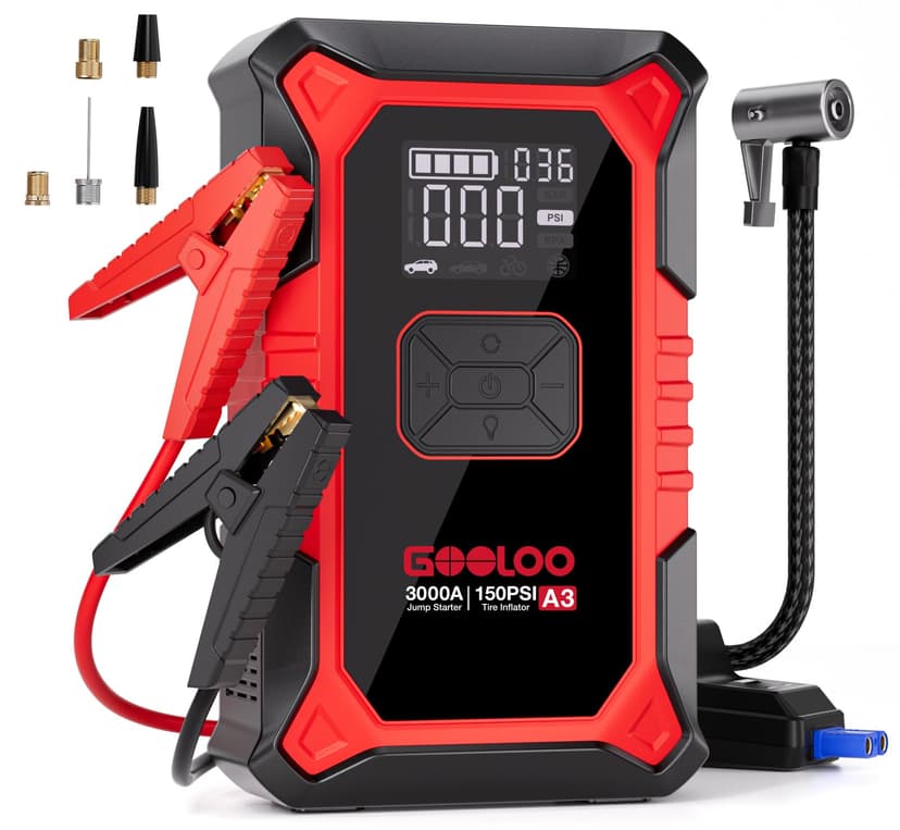 GOOLOO A3 12V 3000A Portable Jump Starter with Air Compressor | Supersafe Car Battery Booster Pack (9L Gas/6.5L Diesel) - BOOST for Dead Battery - 150 PSI Auto-Off Tire Inflator - LED Light