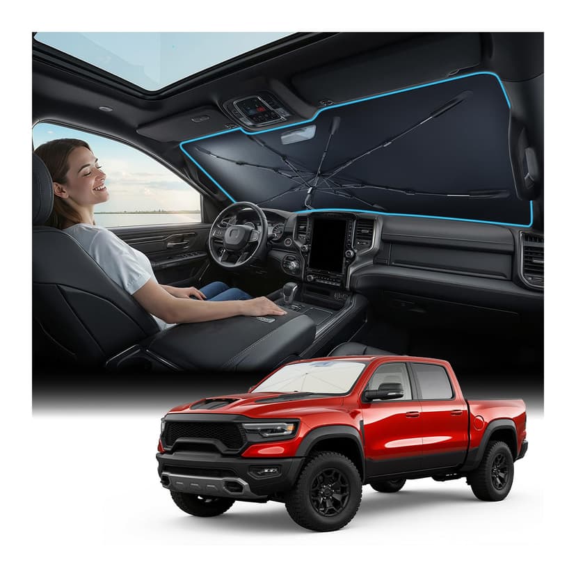 Nmoiss Windshield Sun Shade Umbrella [Vinyl Coating Heat Shield] for 2010-2026 Ram Trucks 1500 2500 3500 Accessories, Protect Car from Sun Rays & Heat Damage Keep Cool and Protect Interior