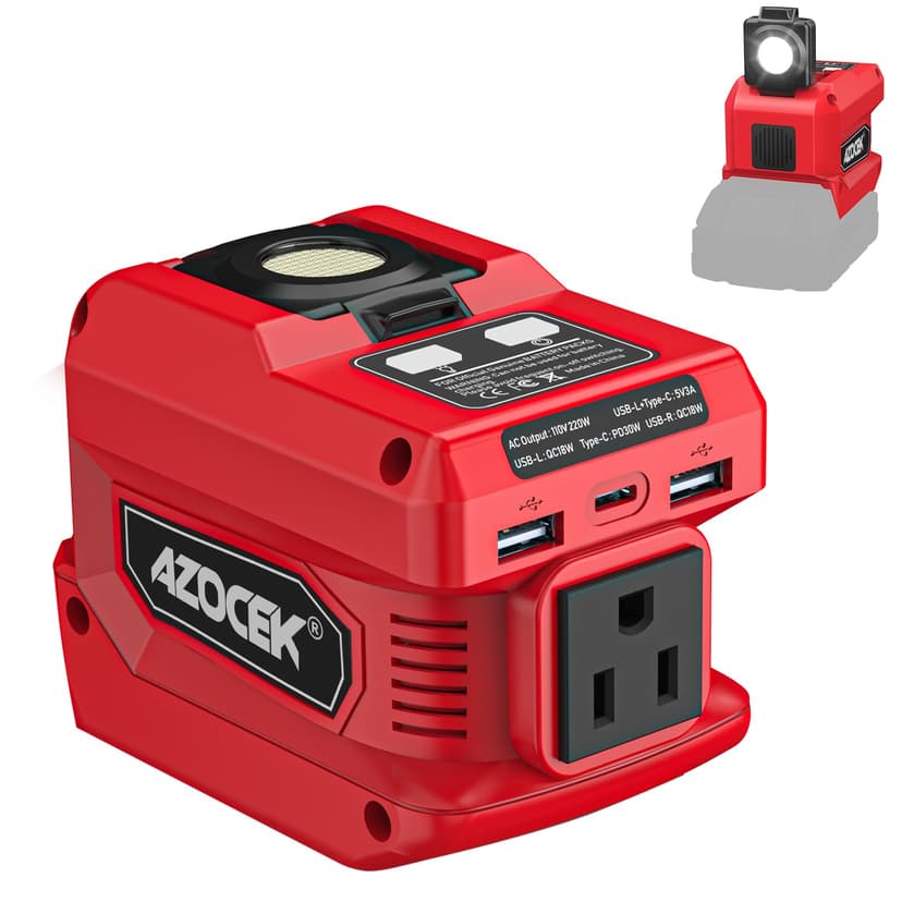220W Azocek Power Inverter Compatible with Milwaukee 18V Battery | Battery not included, DC 18V to AC 110V Portable Power Station, 2 USB Ports & 1 Type-C Fast Charging, 400LM LED Work Light