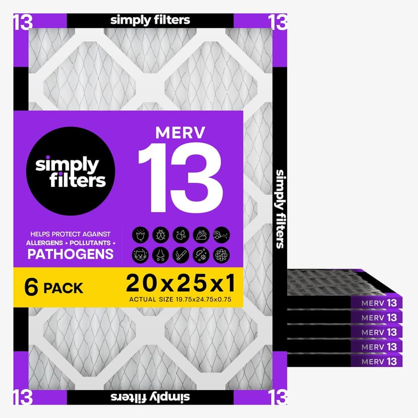 Simply 20x25x1 Air Filter, Merv 13, 6 Pack, For Home AC Furnace & HVAC (Actual Size: 19.75"x24.75"x0.75") DUST, Pet, & Allergy Control