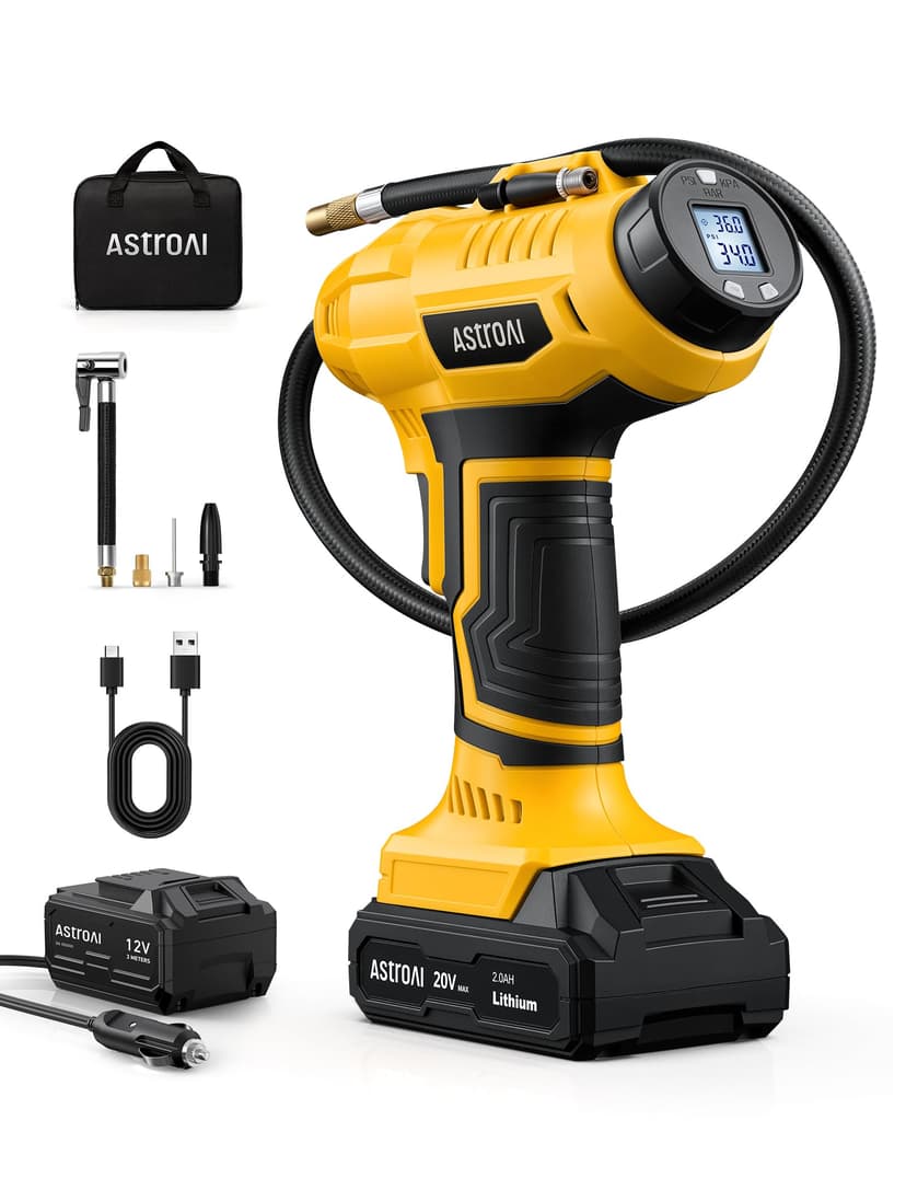 AstroAI Cordless Tire Inflator Portable Air Compressor 160PSI 12VDC Battery | Dual Power Supply Auto Shut-Off Digital Pressure Gauge Fast Inflation Air Pump for Cars Motorcycles Bikes Ball Gift Yellow