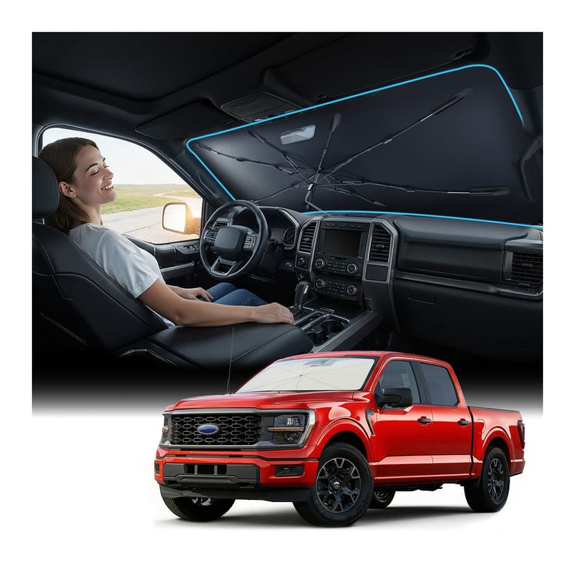 Nmoiss [Vinyl Coating Heat Shield] Windshield Sun Shade Umbrella, Compatible with Ford F150 F250 F350 All Models, F-Series Truck Accessories to Block UV Rays, Reduce Heat & Protect Interior