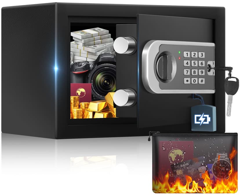 [UPGRADED] Small Safes for Home, 0.30 Cuft Mini Safe Box | with Fireproof Waterproof Bag, Digital Money Safe with Programmable Keypad Spare Keys, Security Cash Box for Money Valuables
