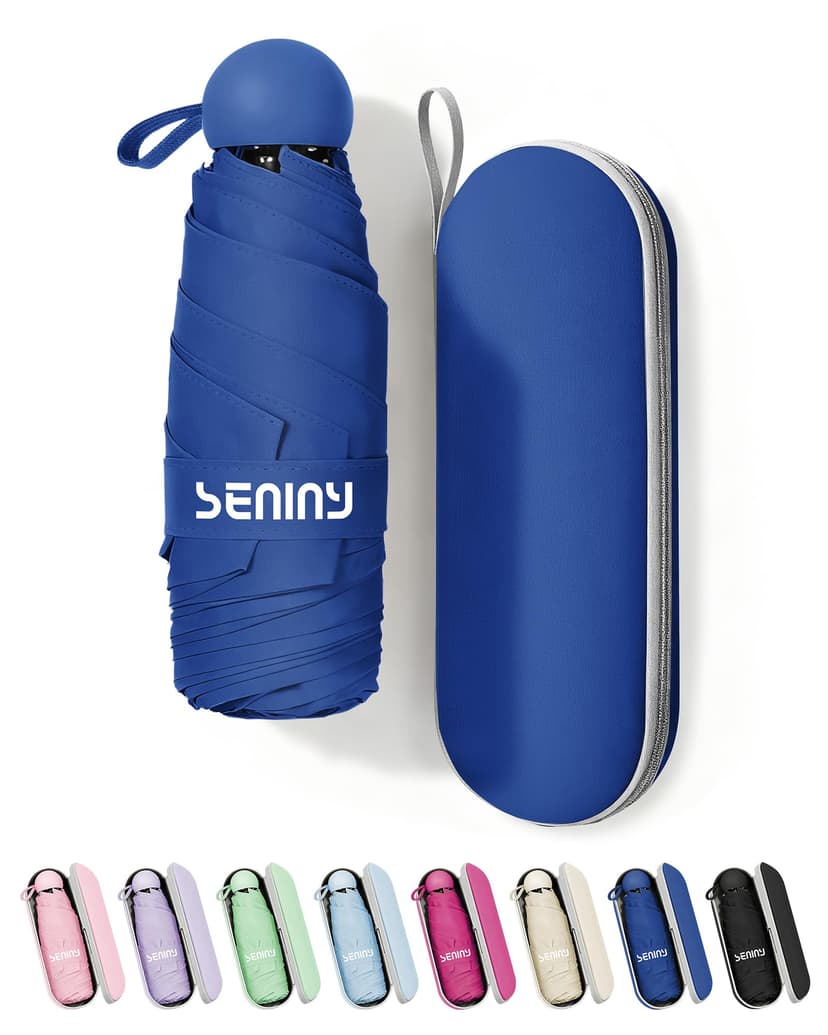 Seniny Mini Travel Umbrella with Case, Compact Pocket Size UV Sun & Rain | Tiny purse size fits pocket, UV protection waterproof fabric, lightweight folding, great for women kids daily travel