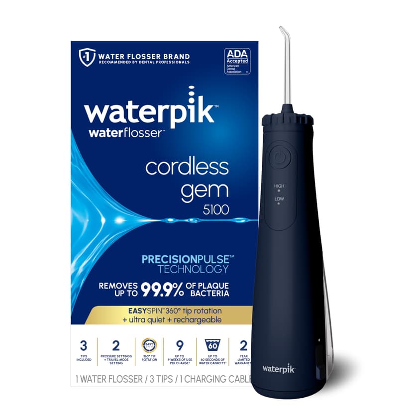 Waterpik Cordless Gem 5100 Portable Water Flosser, Rechargeable, Blue | 2 Settings, 3 Tips, Travel Mode & Bag, for Gums, Teeth, Braces, Implants, Shower Use, ADA Accepted, WF-27 Packaging May Vary