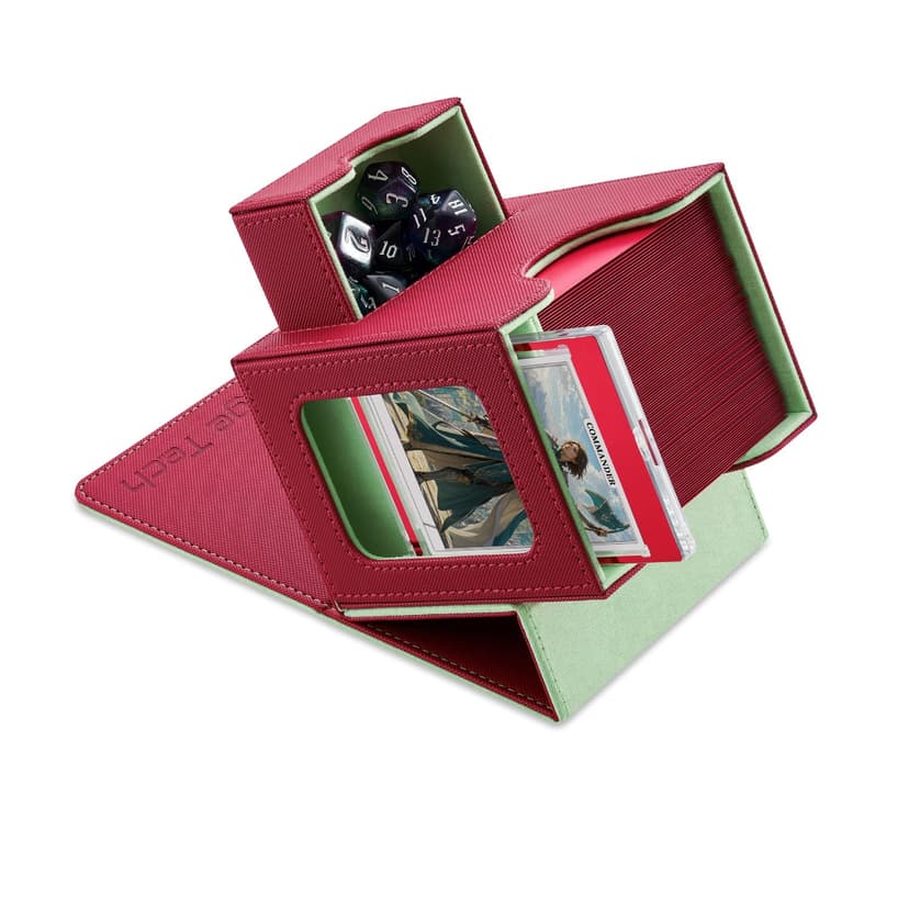 Mage Tech Card Deck Box for MTG Commander - Patented Design, Commander Display, Fits 100 Double-Sleeved Cards, 35pt Card Brick & Dice Tray - Red/Green