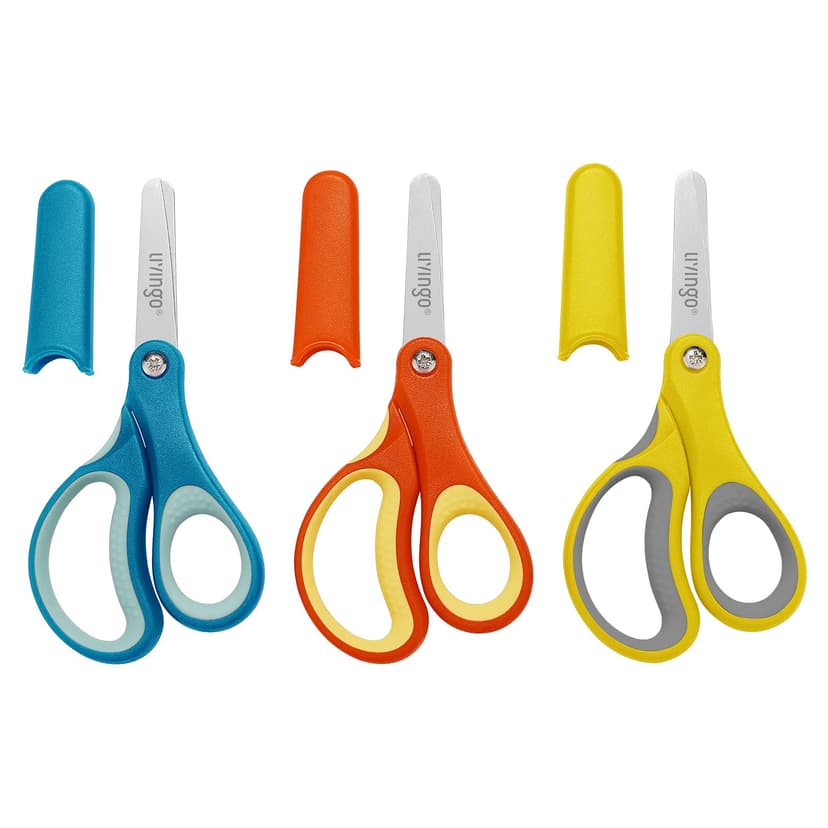 LIVINGO Kids Safety Scissors 3 Pack, 5" Blunt School Craft | Protective Blade Covers, Left Right Handle Design, Ages 4+, Preschool Classroom Supplies