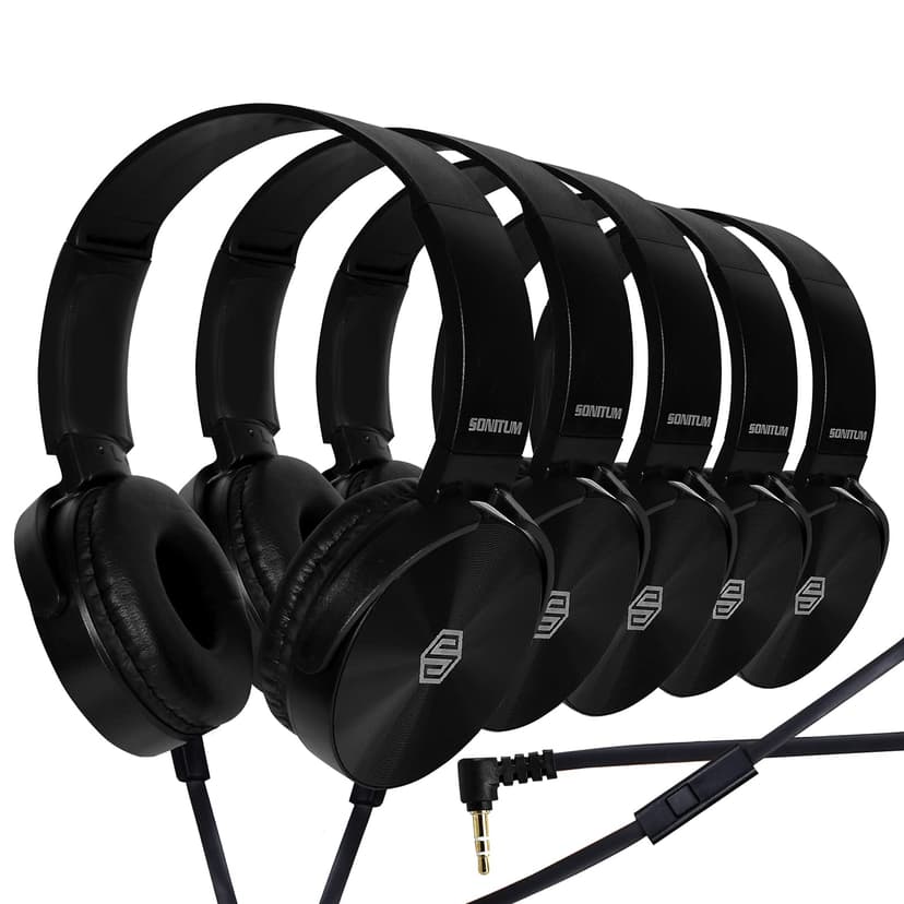Sonitum Classroom Headphones-Bulk 10-Pack, Student On Ear Comfy Swivel Earphones for Library, School, Airplane, Kids-for Online Learning and Travel, HQ Stereo Sound 3.5mm Jack (Black with Microphone)