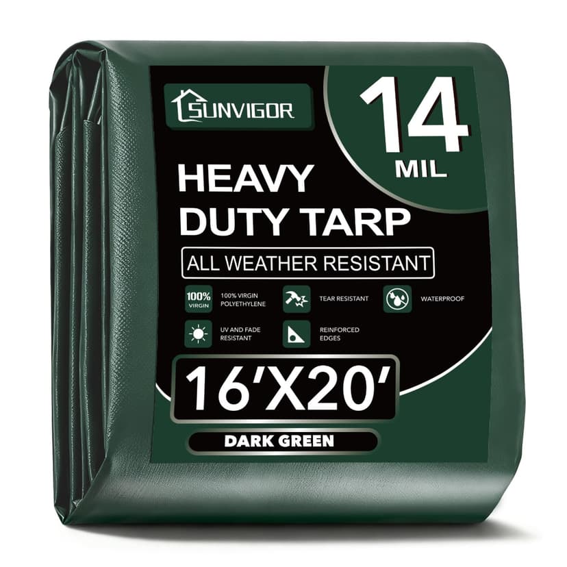 Sunvigor Tarp Waterproof 16x20Ft, Extra Thick 14 Mil Heavy Duty Tarp Cover, Tear & Fade Resistant, Outdoor Tarps with Brass Grommets and Reinforced Edges for Roof, Camping, Patio, Boat (Green)