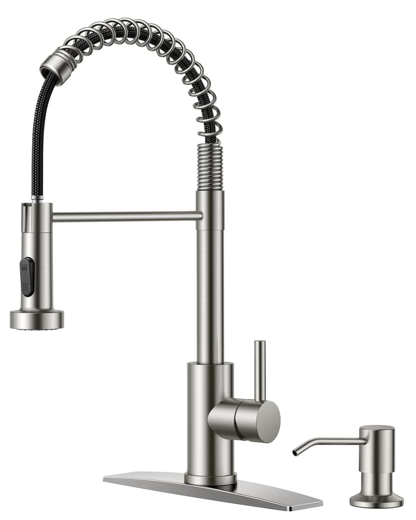 FORIOUS Kitchen Faucet with Soap Dispenser, Brushed Nickel Stainless Steel Spring Sink Faucet with Pull Down Sprayer Transitional Single Handle for Pot Filler, Farmhouse Camper Bar Laundry Room