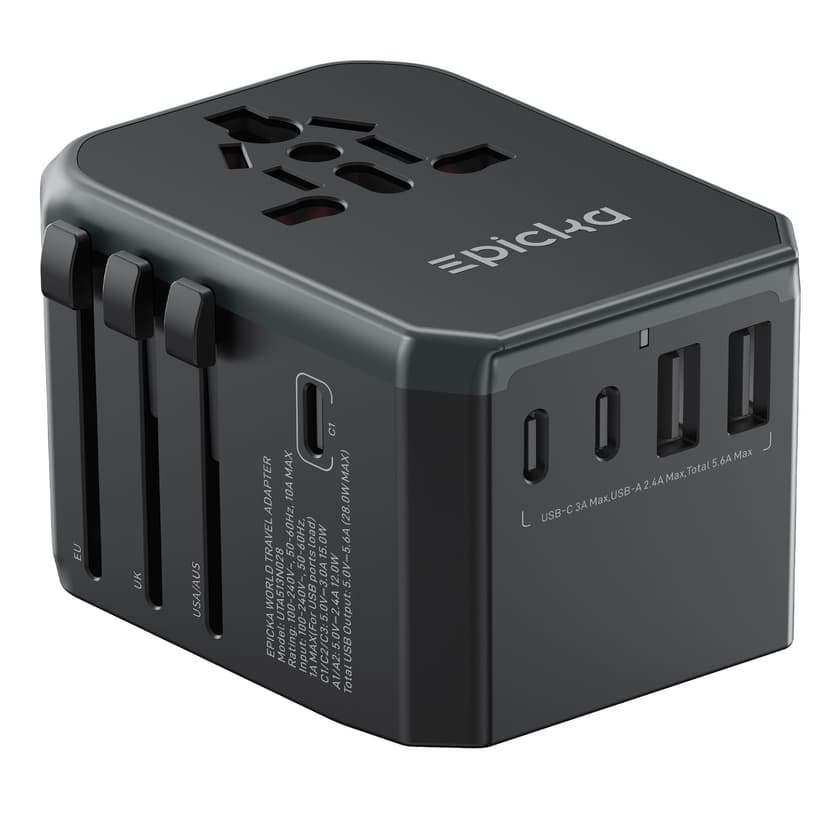 EPICKA Universal Travel Adapter with 1AC/3 USB-C/2 USB-A Ports | Travel Plug Adapter for EU/US/UK/AUS, Supports Charging for Multi-Device, Not A Voltage Converter, TA-105, Grey