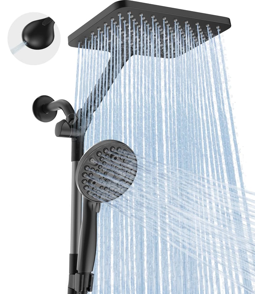 Dual Handheld Shower Head Combo, 2-in-1 Rain Shower Heads System Wide Rainfall Shower Head and 10 Modes High Pressure Hand Held Showerhead with Built-in Power Wash