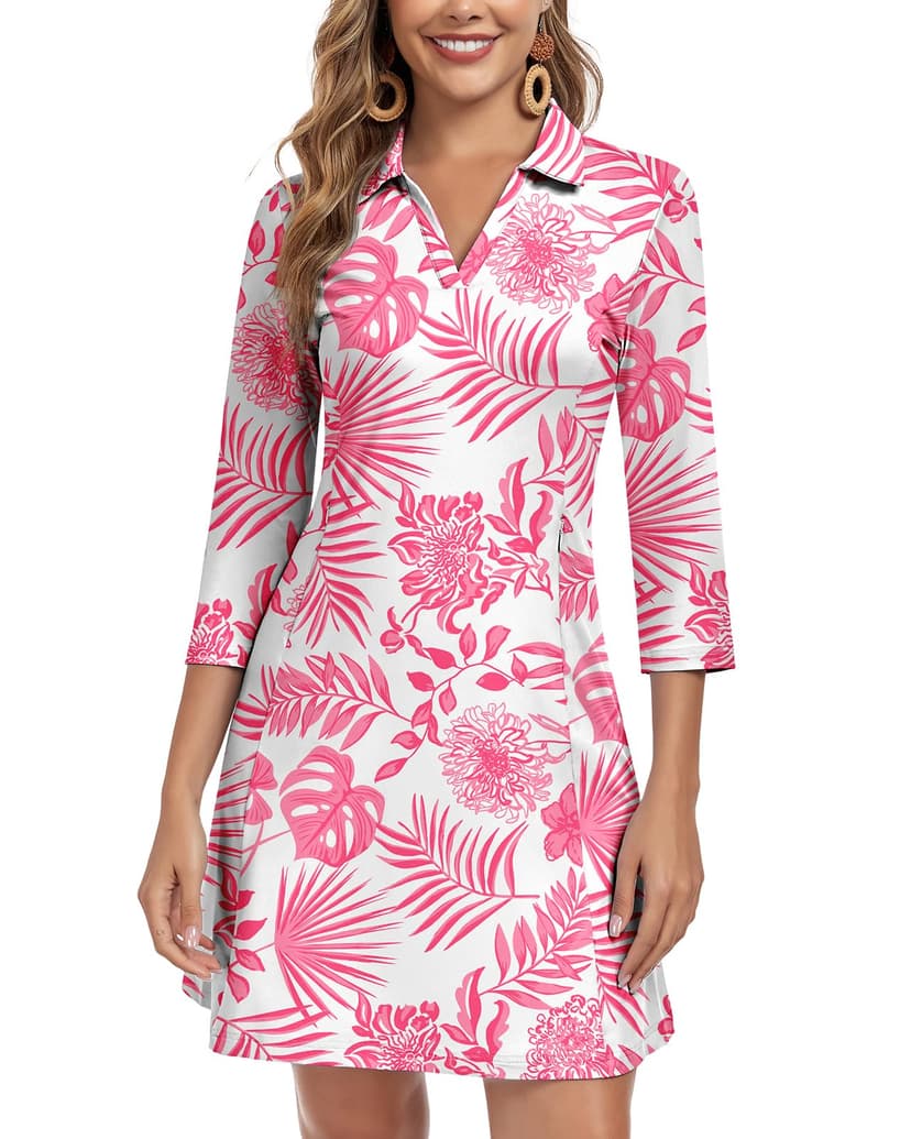 WOWENY 3/4 Sleeve Dress for Women with Pockets V Neck UPF 50+ Casual Sun Dress Breathable Quick Dry Beach Vacation