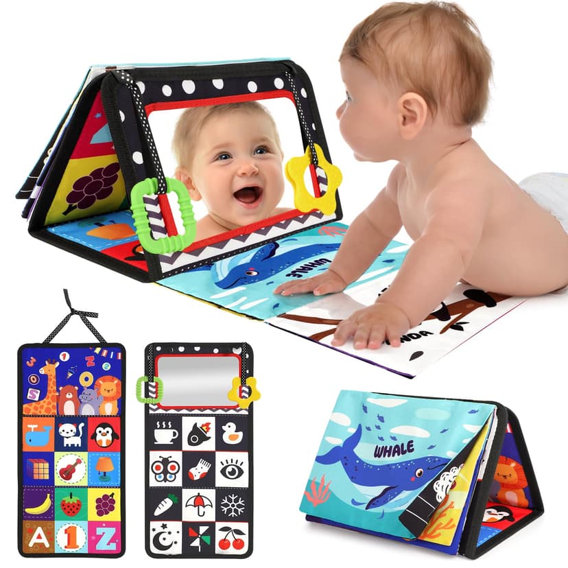URMYWO Tummy Time Mirror Toys, High Contrast Baby Toys for Newborn | Visual Stimulation Black and White Baby Toys, Sensory Crinkle Book Toy for Infant 0-3-6-12 Months, Boy Girl Shower Gifts