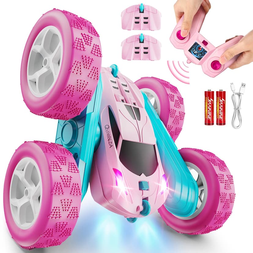 QUNREDA RC Cars, Pink Remote Control Car for Girls, 2.4 GHZ Double Sided RC Stunt Car 360° Rotating Remote Control Crawler with Headlights Car Toys for 6 7 8 9 10 11 12 Girls Birthday Gift Grandkids