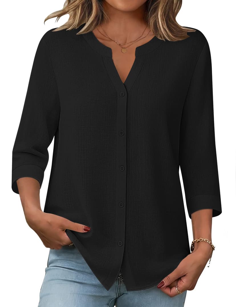 Zeagoo Button Down Shirts for Women 3/4 Sleeve Linen Cotton V Neck Tops Dressy Casual Loose Work Blouses